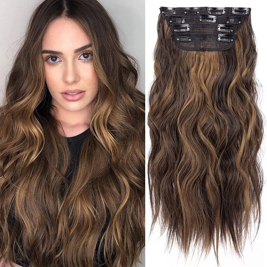  Long Wavy Clip-In Hair Extensions 4Pcs – Soft, Thick High-Temperature Synthetic Hairpiece for Women