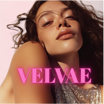Woman with 'VELVAE' logo on a pink background